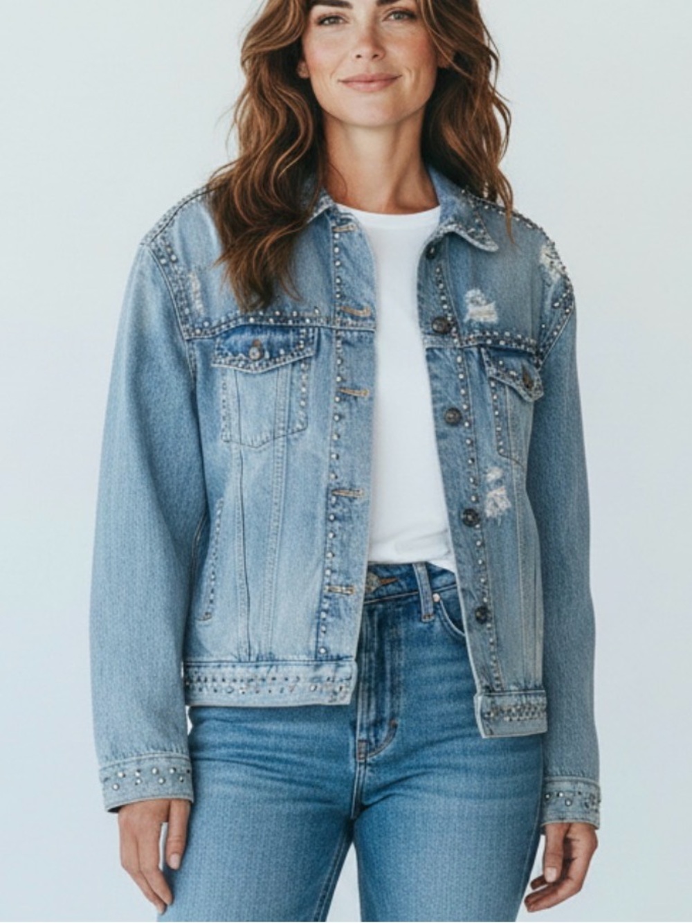 Free People Blue Denim Studded Distressed Button Front Trucker Jacket XSmall